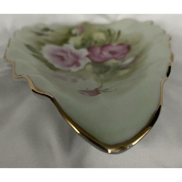 Lefton Heritage Green Pink Cabbage Roses Leaf Dish #1860 Gold Trim Japan Vtg - Picture 11 of 11
